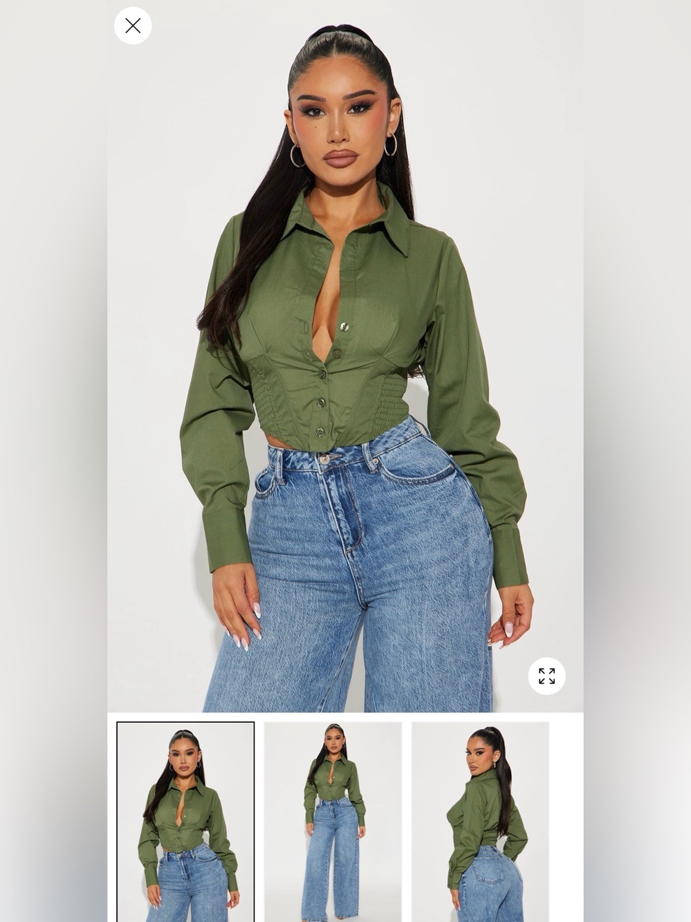 Fashion Nova Olive Green Ruched Cropped Button-Down Shirt